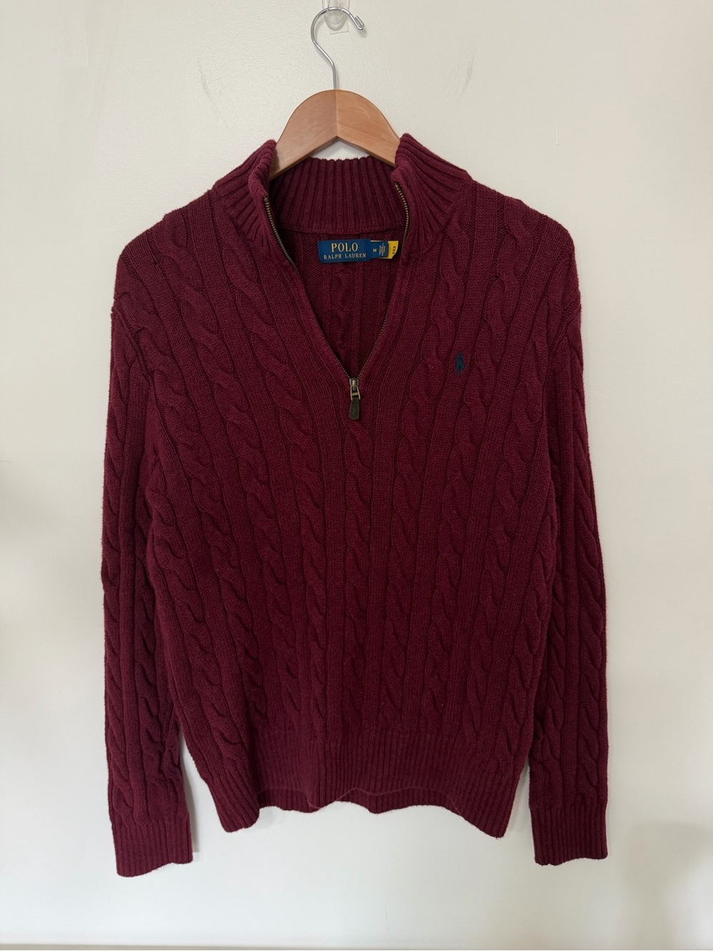Polo Ralph Lauren Cable Knit 1/4 Quarter Zip Sweater Burgundy Pony Logo Men’s M